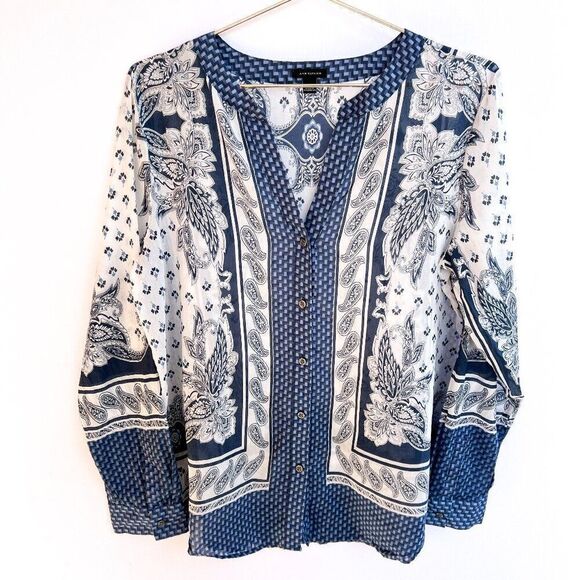 Ann Taylor Blue White Paisley Print Cotton Silk Long Sleeve Top Small - Picture 1 of 8